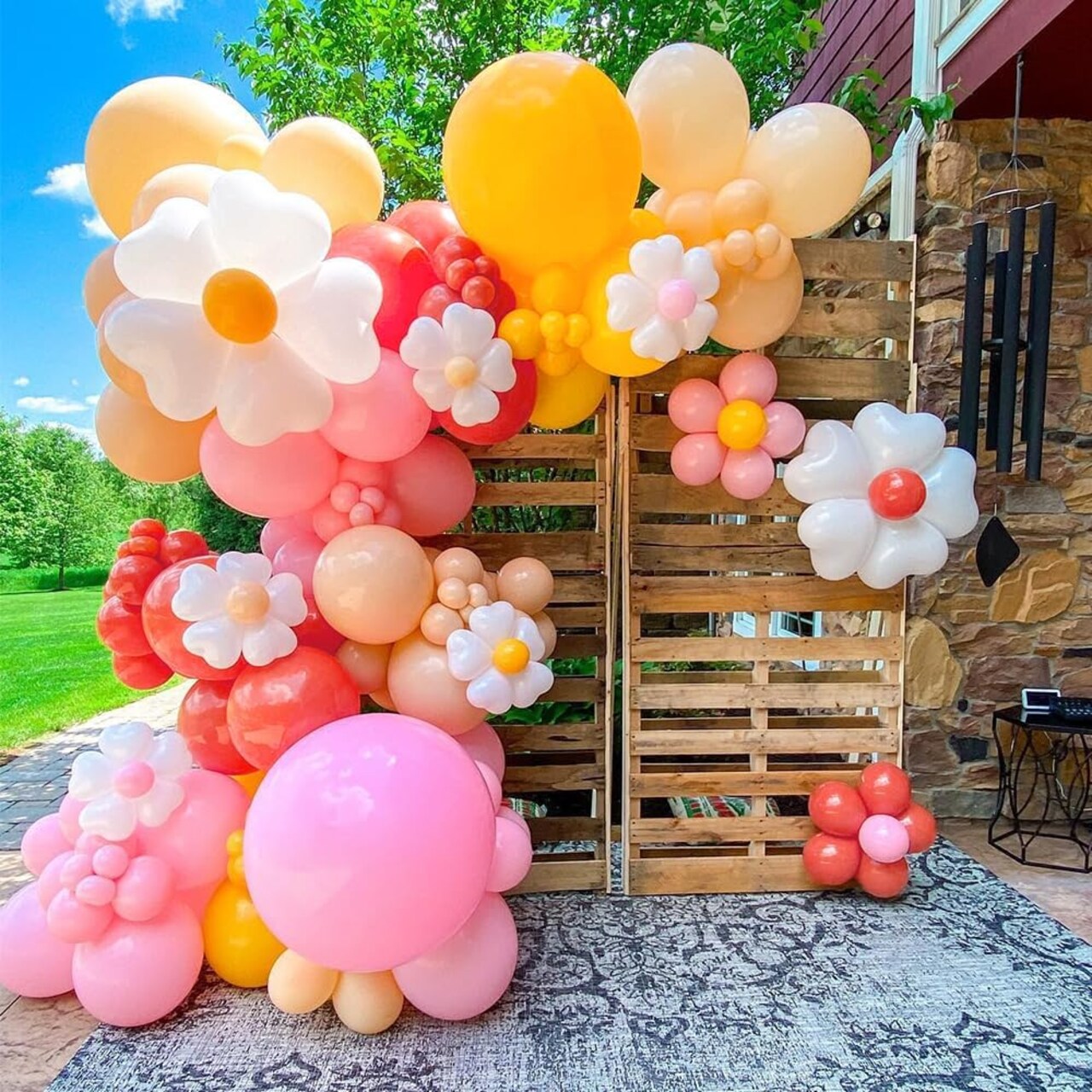155Pcs Daisy Balloon Arch Garland Kit Macaron Pink Yellow Retro Orange White Heart Balloons with Plum Clip Daisy Shaped Flower for Two Groovy Party Decor Daisy Theme Wedding Birthday Baby Shower